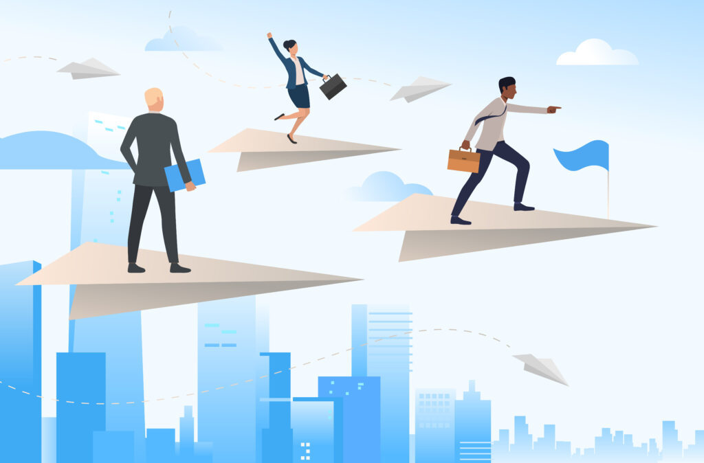 Business team traveling on flying paper planes. Challenge, opportunity, pointing forward, teamwork. Leadership concept. Vector illustration for topics like business, development, success